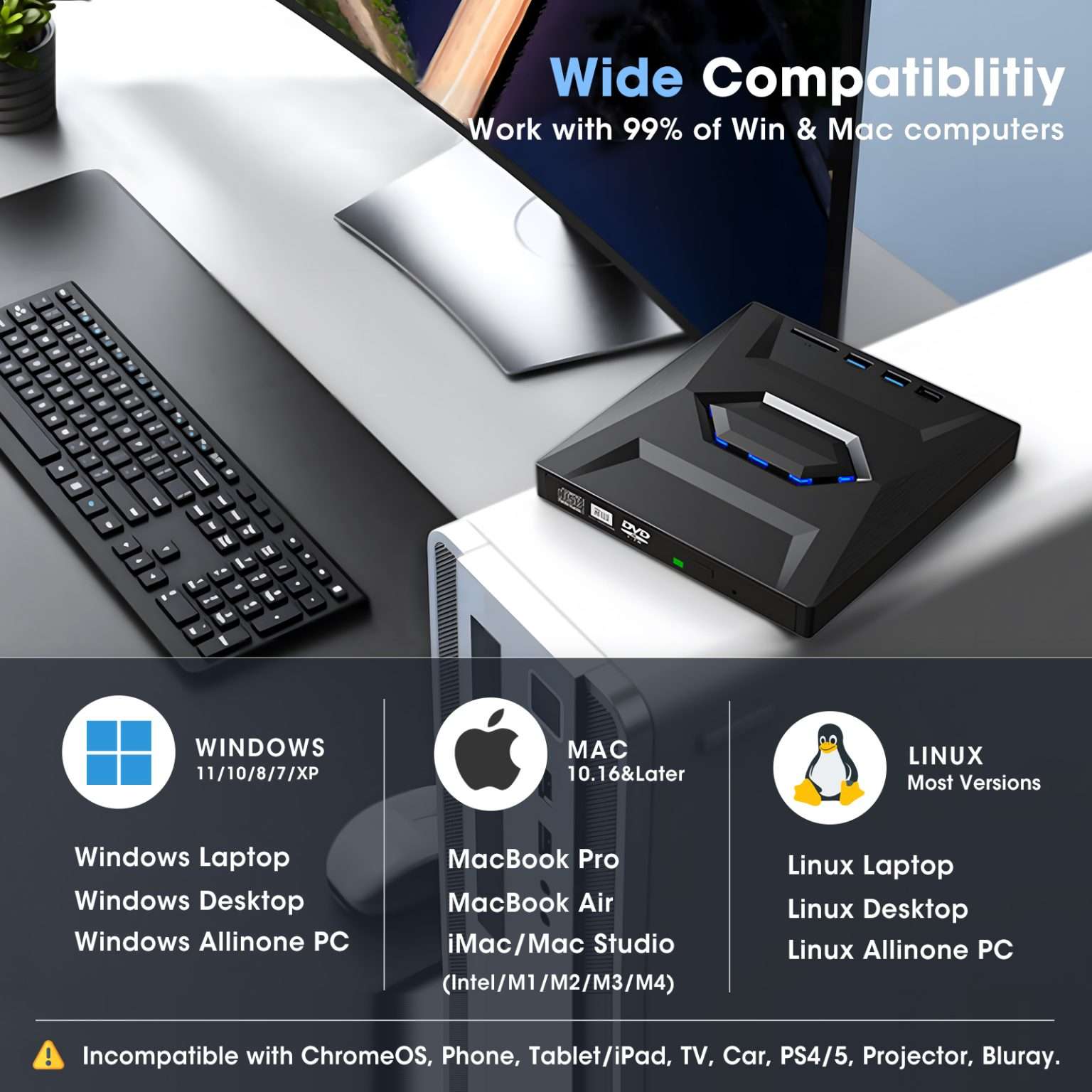 ROOFULL External CD DVD Drive USB 3.0 & USB-C CD ROM Burner DVD Player ...