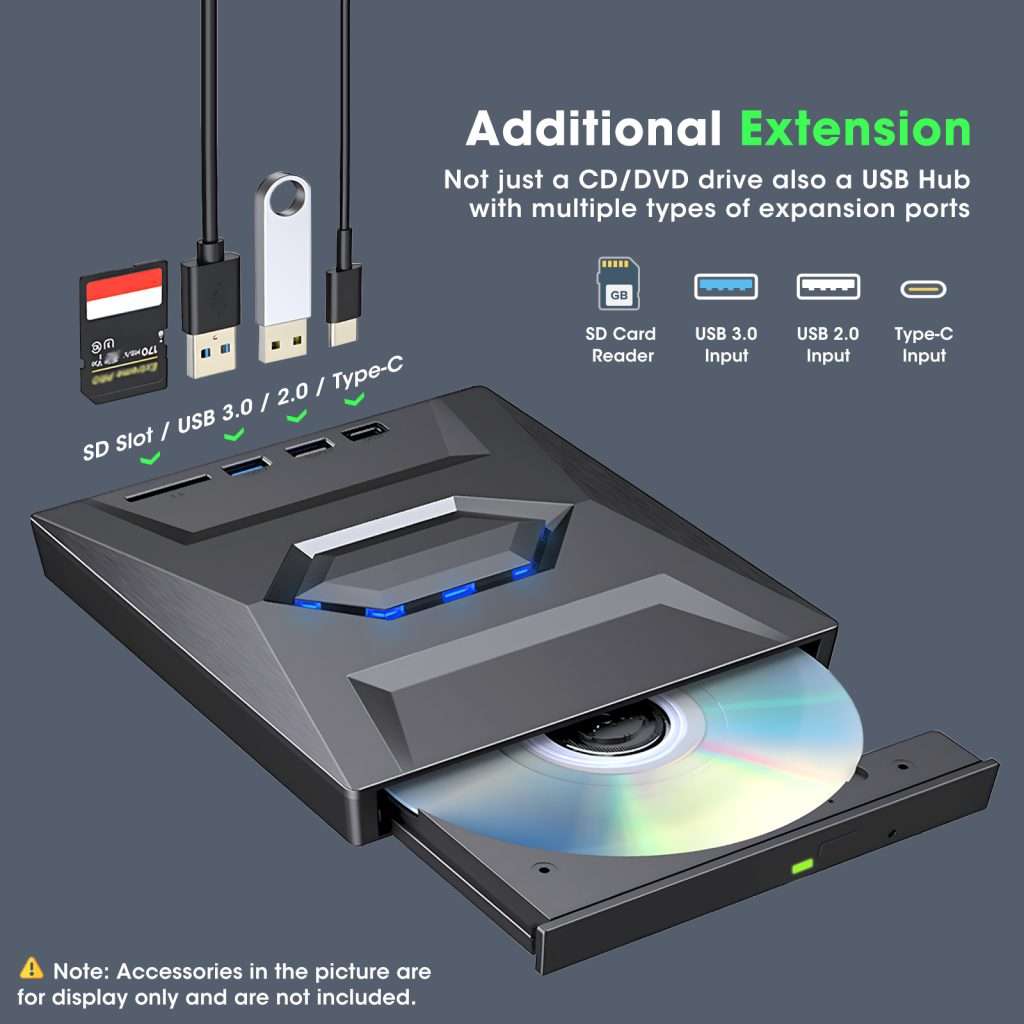 ROOFULL External CD DVD Drive USB 3.0 & USB-C CD ROM Burner DVD Player ...