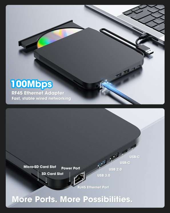 ROOFULL External CD/DVD Drive, USB 3.0 DVD CD Burner with Ethernet ...