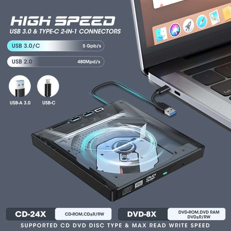 ROOFULL External CD DVD Drive USB 3.0 & USB-C CD ROM Burner DVD Player ...