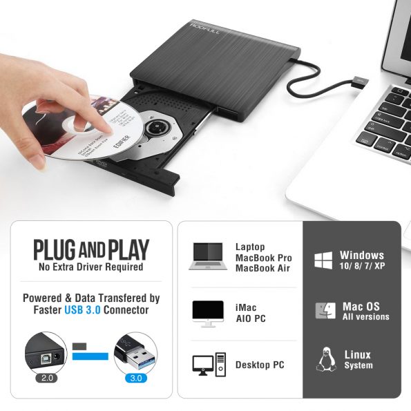 ROOFULL External DVD Drive USB 3.0, Portable CD DVD +/RW Optical Drive
