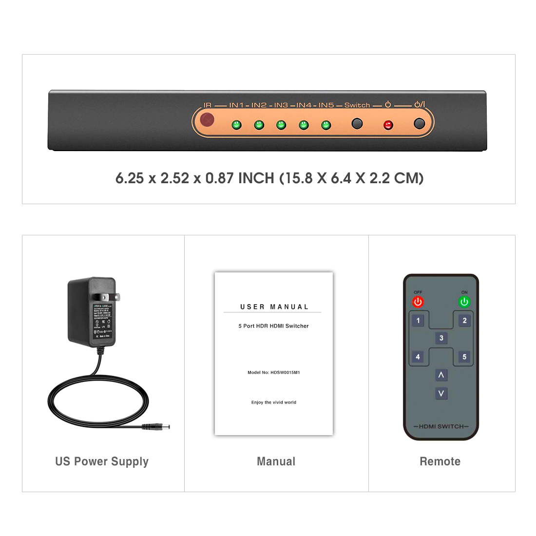 Premium 5 Ports 4K@60Hz HDMI2.0 Switch with IR Remote, 5 in 1 Out UHD