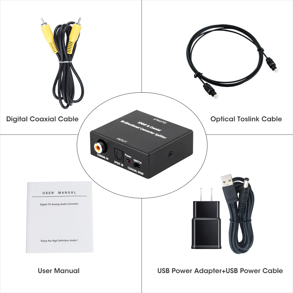 Audio Converter with Fiber Optic and Coaxial Cable Toslink Power Cable Included From SPDIF Optical Optical to Coaxial Bi-Directional Converter
