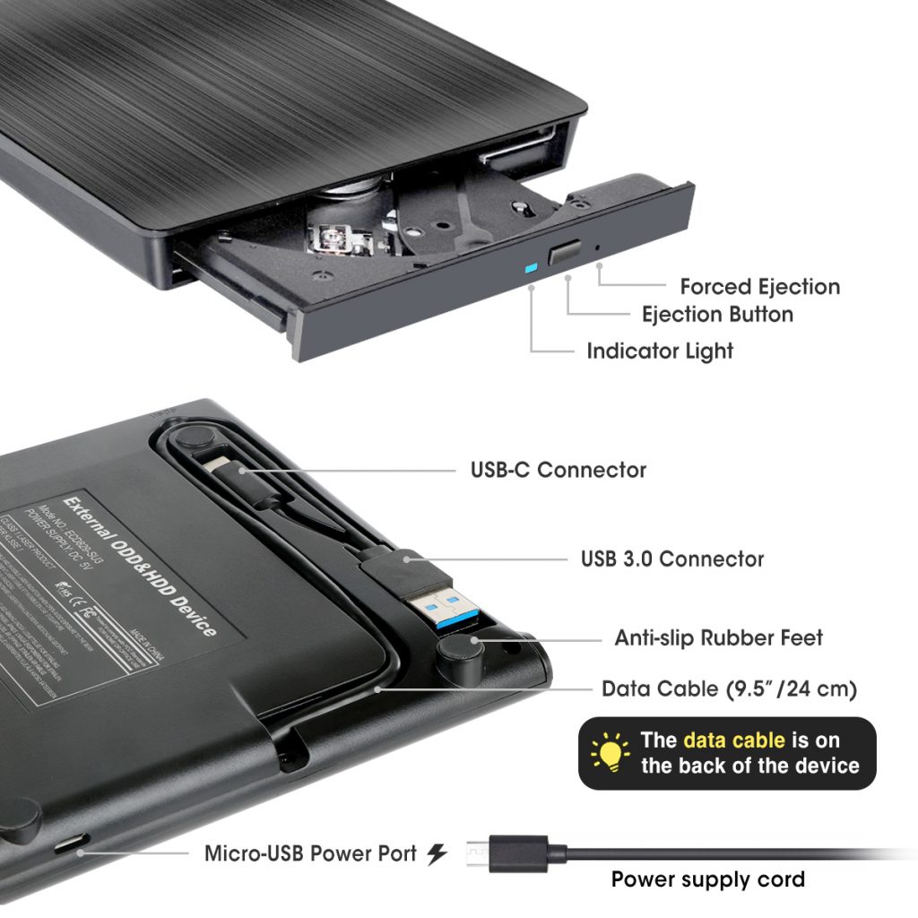ROOFULL External CD/DVD +/RW Drive USB 3.0 & USBC Premium Portable CD
