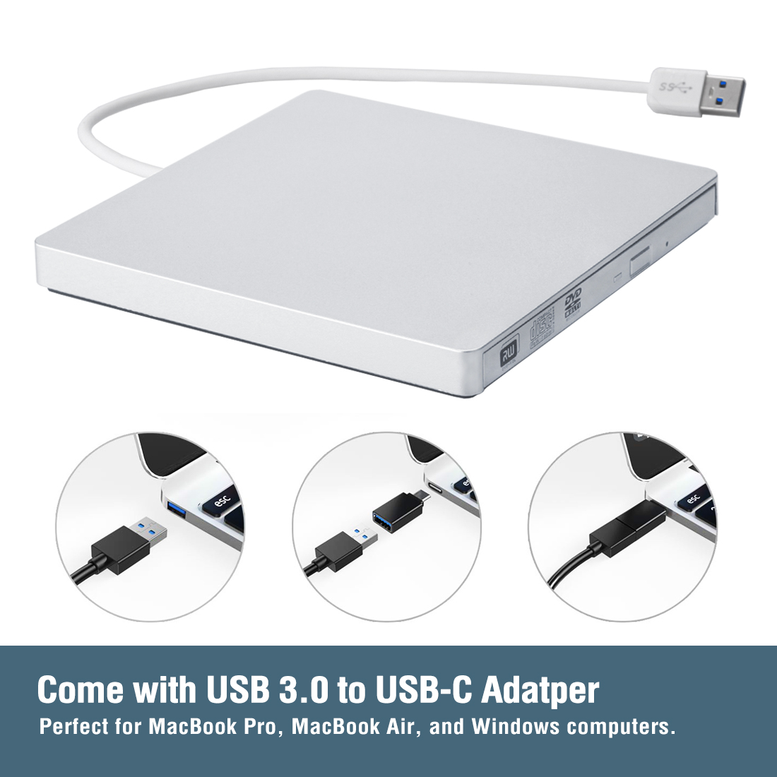External CD DVD Drive USB 3.0 Type-C Portable DVD/CD ROM +/-RW 