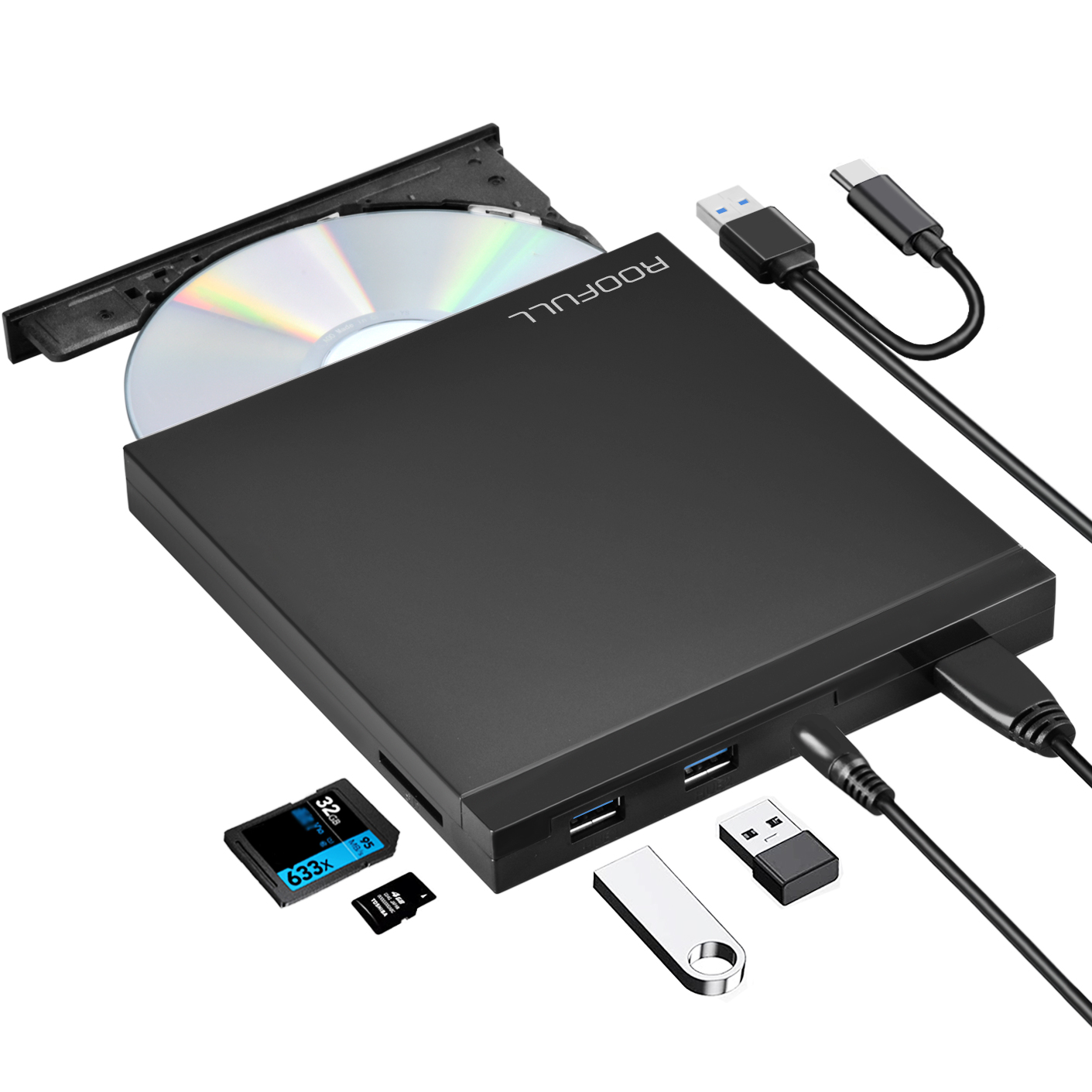 Hoogte het doel Uiterlijk ROOFULL External CD/DVD +/-RW Drive USB 3.0 Type-C with USB Ports and SD  Reader, Portable DVD CD ROM Burner Optical Disc Drive Player Reader Writer  for MacBook Pro, Air, iMac, Windows 11/10/8/7