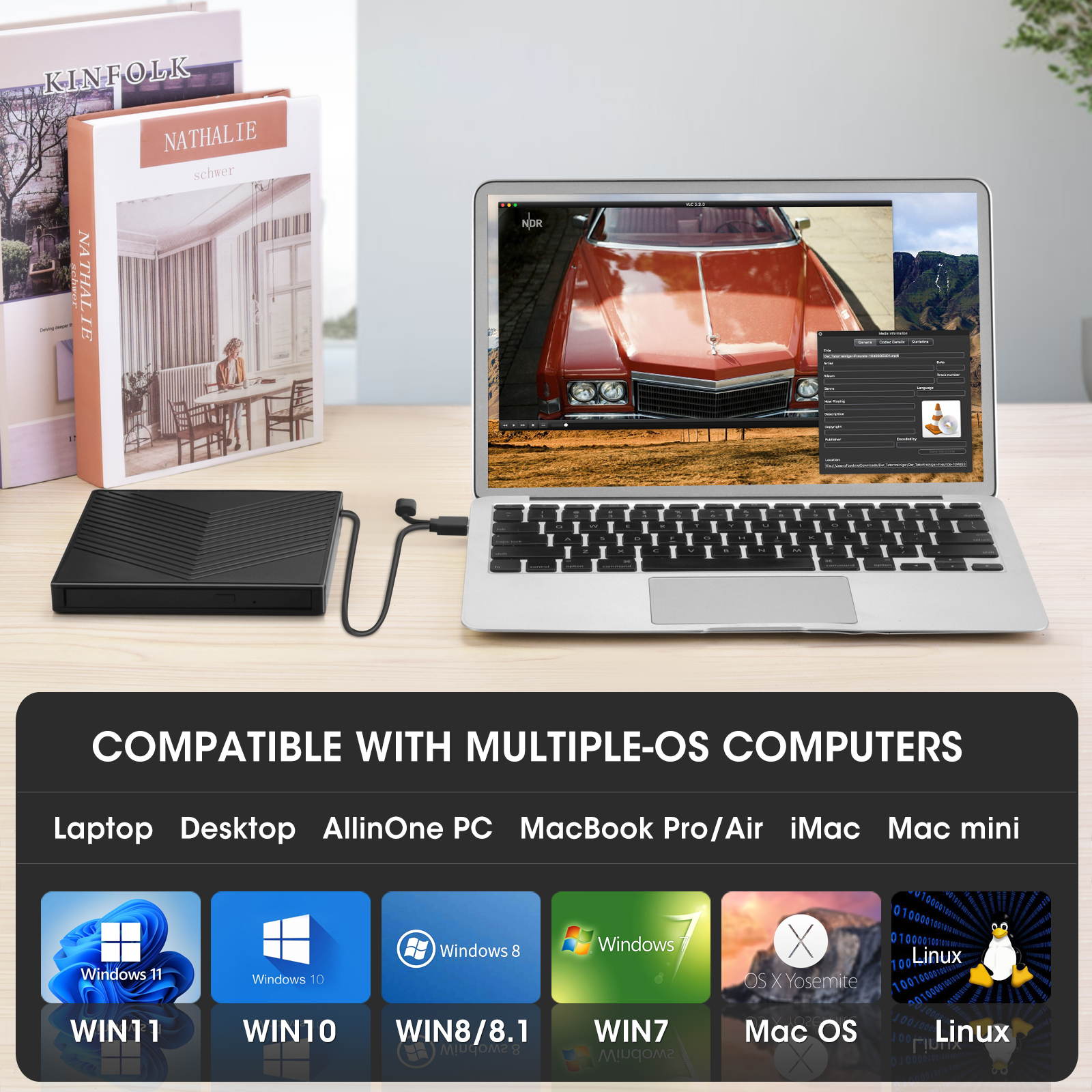 ROOFULL External CD DVD+/-RW Drive with SD Card Reader and USB 3.0/2.0 ...