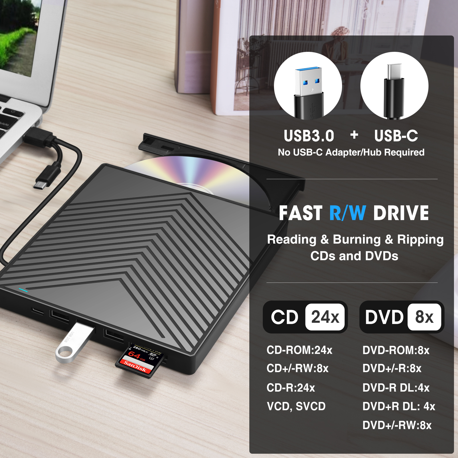 ROOFULL External CD DVD+/-RW Drive with SD Card Reader and USB 3.0/2.0 ...