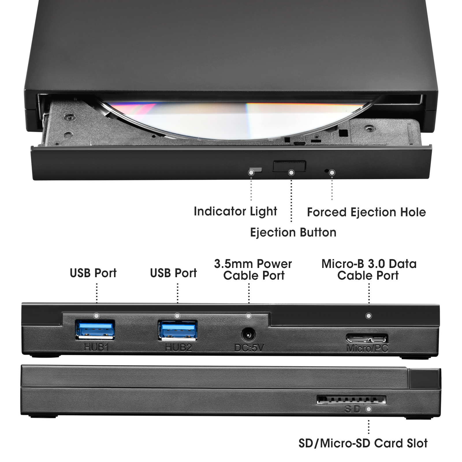ROOFULL External CD/DVD +/RW Drive USB 3.0 TypeC with USB Ports and SD Reader, Portable DVD CD