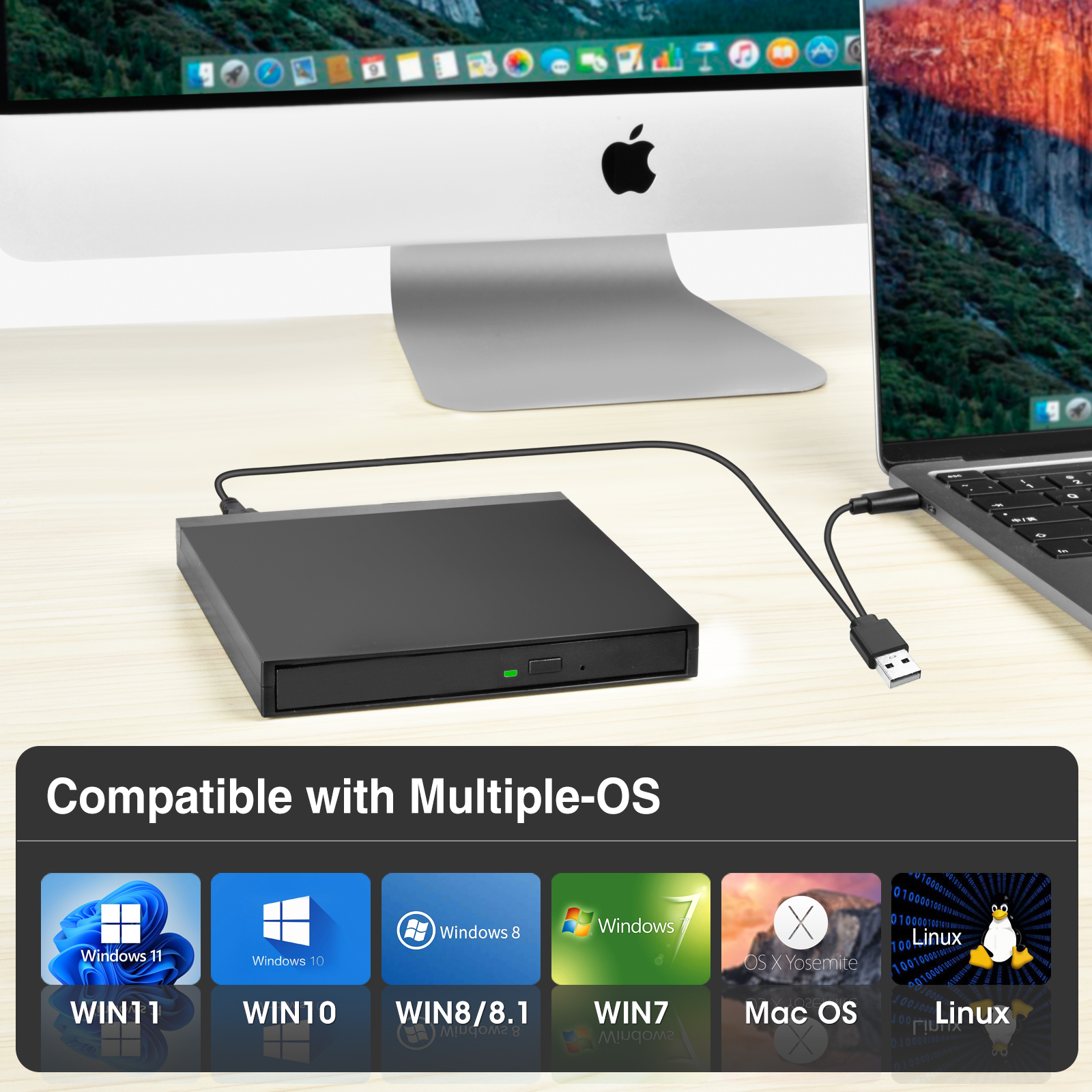 ROOFULL External CD/DVD +/-RW Drive USB 3.0 Type-C with USB Ports and ...