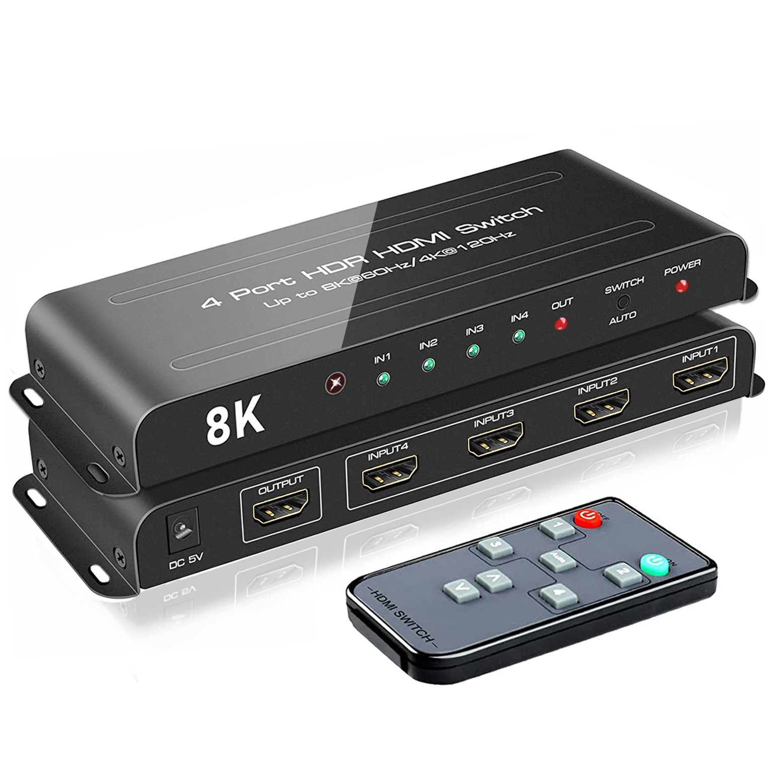 8K HDMI 2.1 Switch 4x1 - 4 Port Switcher With Remote - Supports 8K60Hz, 4K120Hz, HDR, VRR