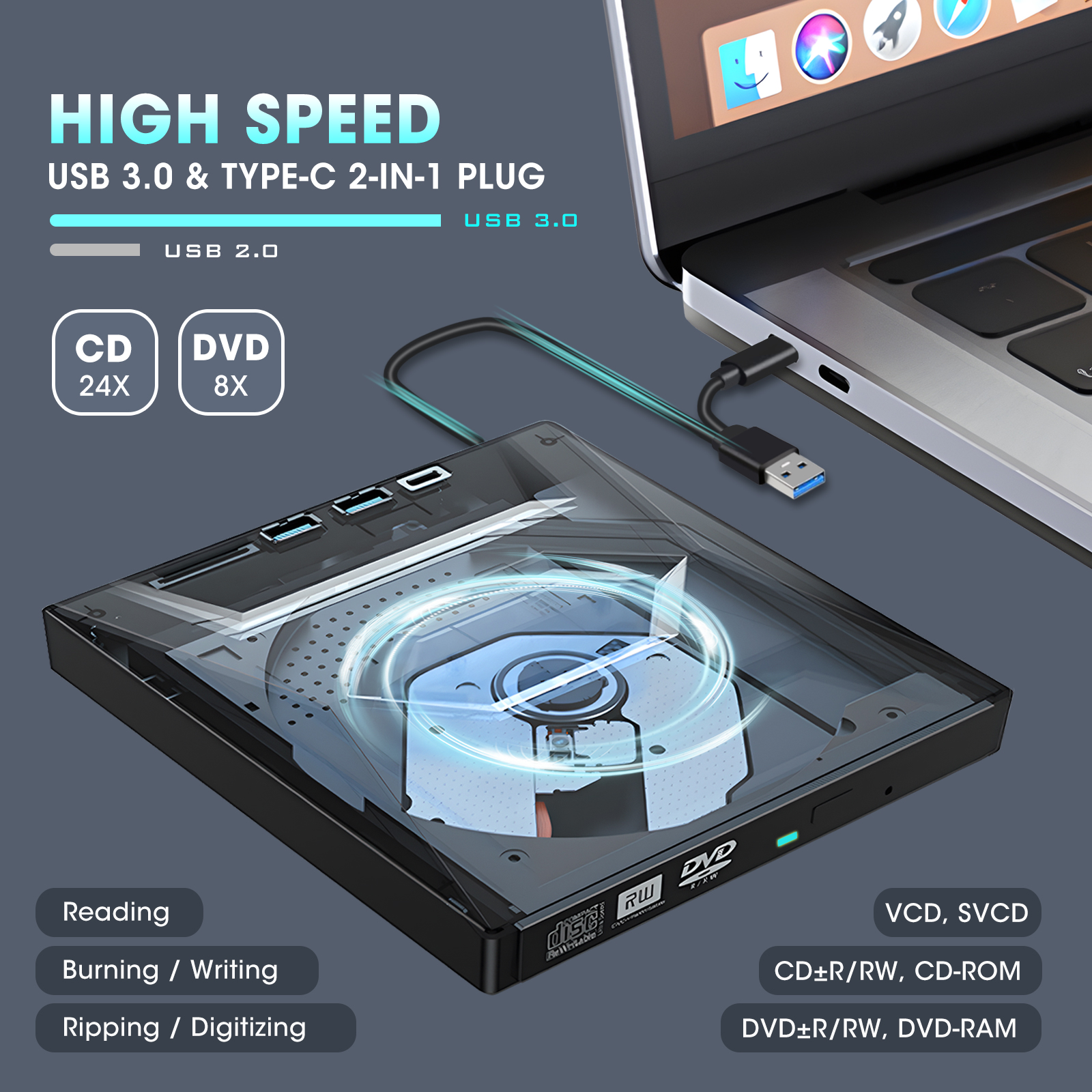 ROOFULL External CD DVD +/-RW Drive with SD Card Reader and USB 3.0+2.0 ...