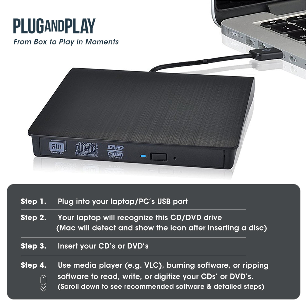 ROOFULL External CD DVD +/-RW Drive USB 3.0 Portable CD/DVD-ROM Optical Disc Drive Burner Player Reader Writer with Carrying Case for Laptop PC Mac MacBook Windows 11/10/8/7 Linux OS - Image 8