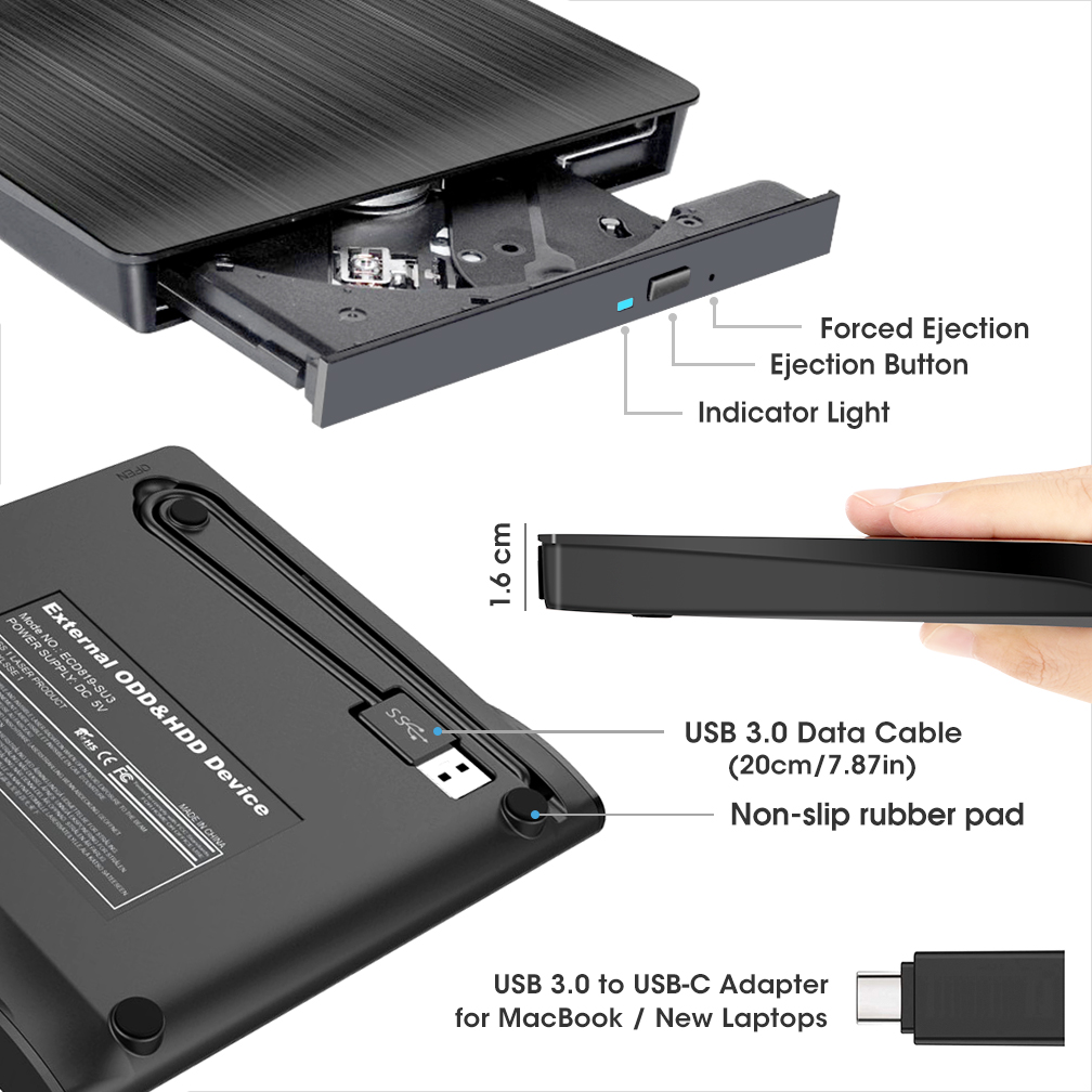 ROOFULL External CD DVD +/-RW Drive USB 3.0 Portable CD/DVD-ROM Optical Disc Drive Burner Player Reader Writer with Carrying Case for Laptop PC Mac MacBook Windows 11/10/8/7 Linux OS - Image 5