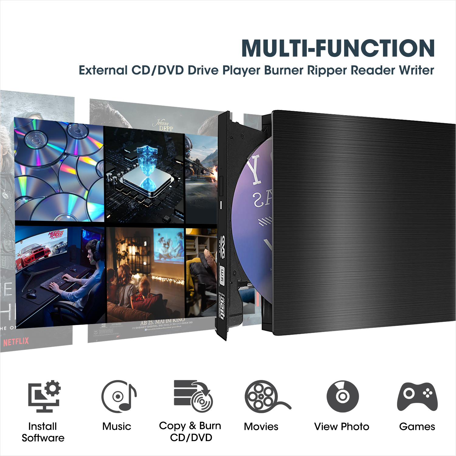 ROOFULL External CD DVD +/-RW Drive USB 3.0 Portable CD/DVD-ROM Optical Disc Drive Burner Player Reader Writer with Carrying Case for Laptop PC Mac MacBook Windows 11/10/8/7 Linux OS - Image 3