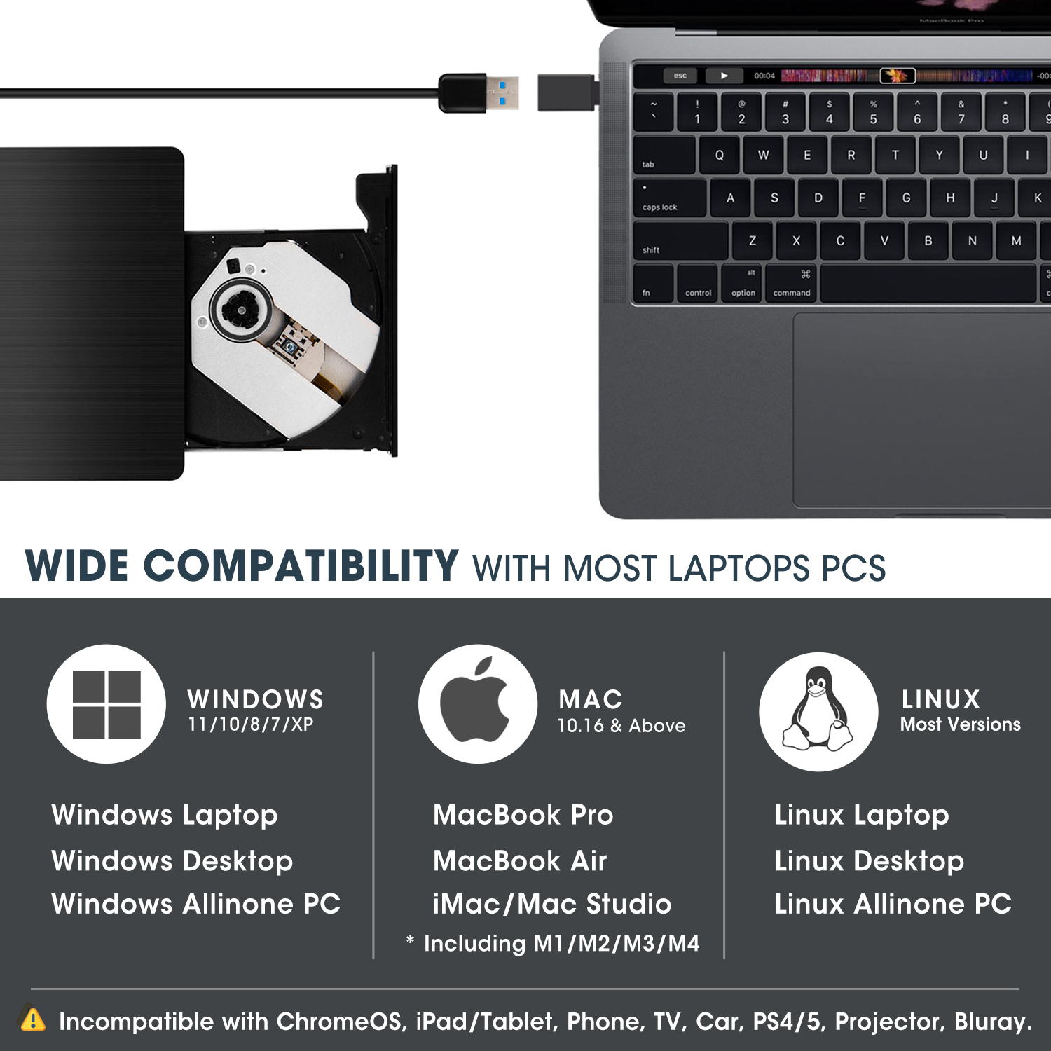 ROOFULL External CD DVD +/-RW Drive USB 3.0 Portable CD/DVD-ROM Optical Disc Drive Burner Player Reader Writer with Carrying Case for Laptop PC Mac MacBook Windows 11/10/8/7 Linux OS - Image 4